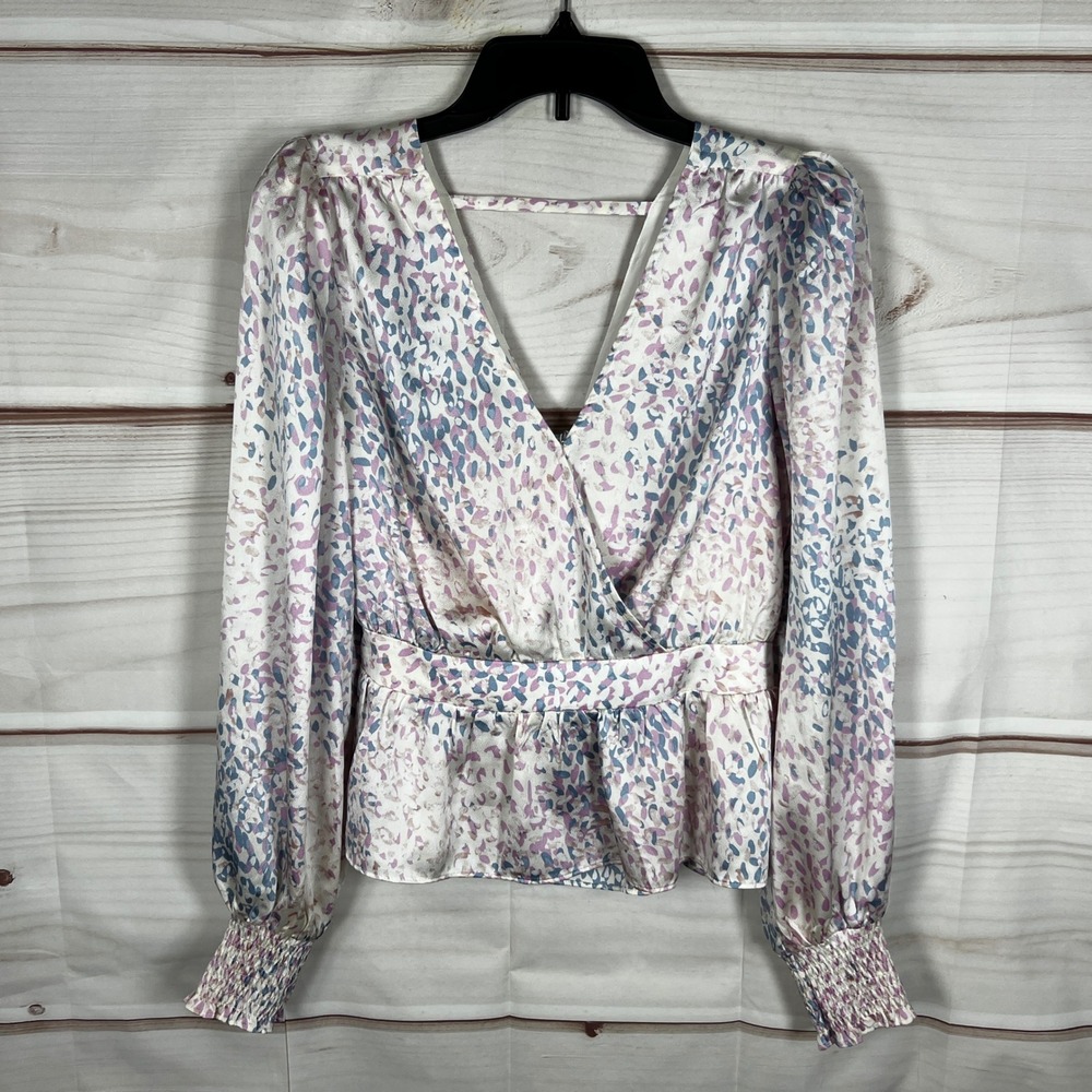 Express Peplum Blouse Womens Small Multicolor Abstract Satin V-Neck Smocked Cuff